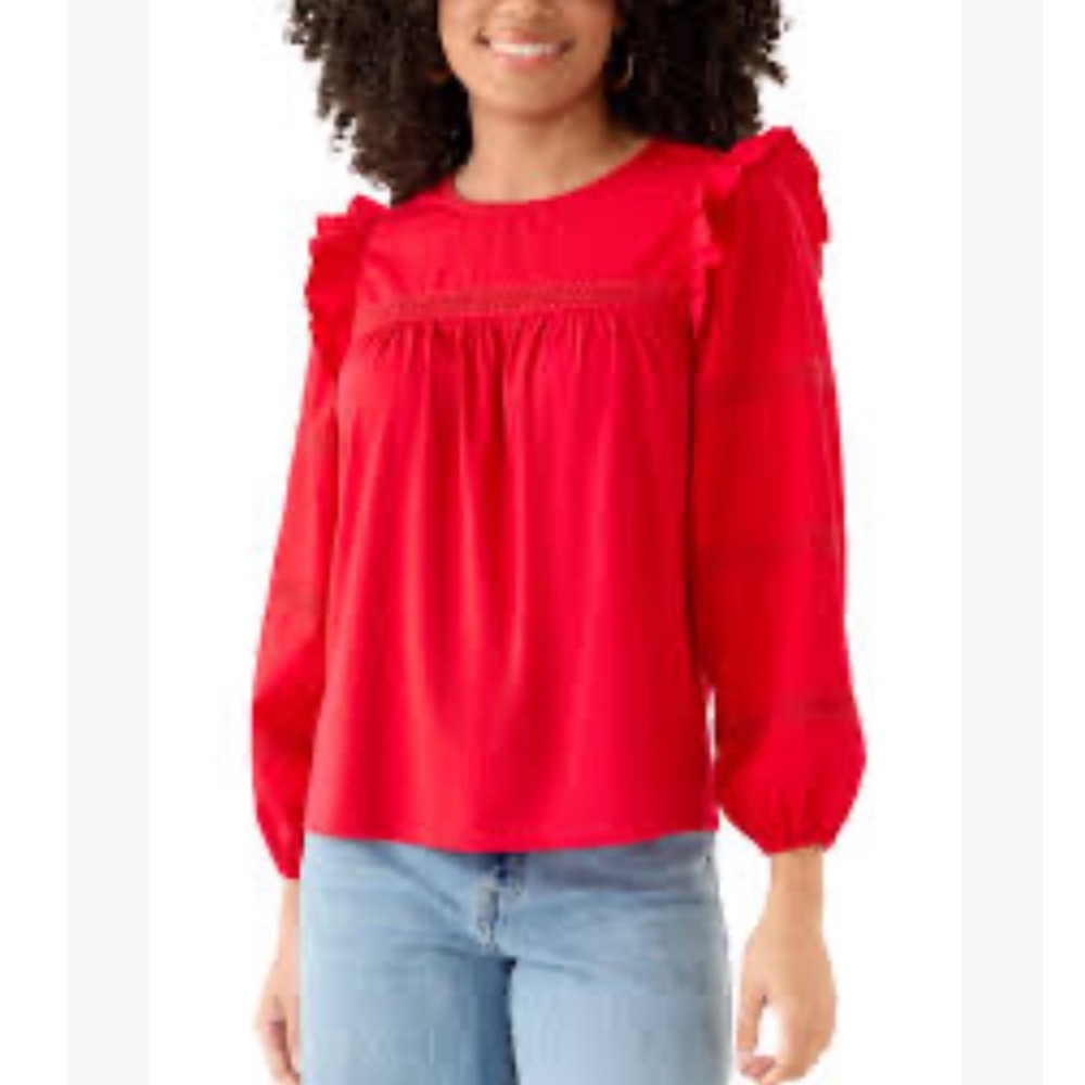 Crown & Ivy Ruffle Shoulder Blouse Women XXL Red Crochet Lace New With Tag